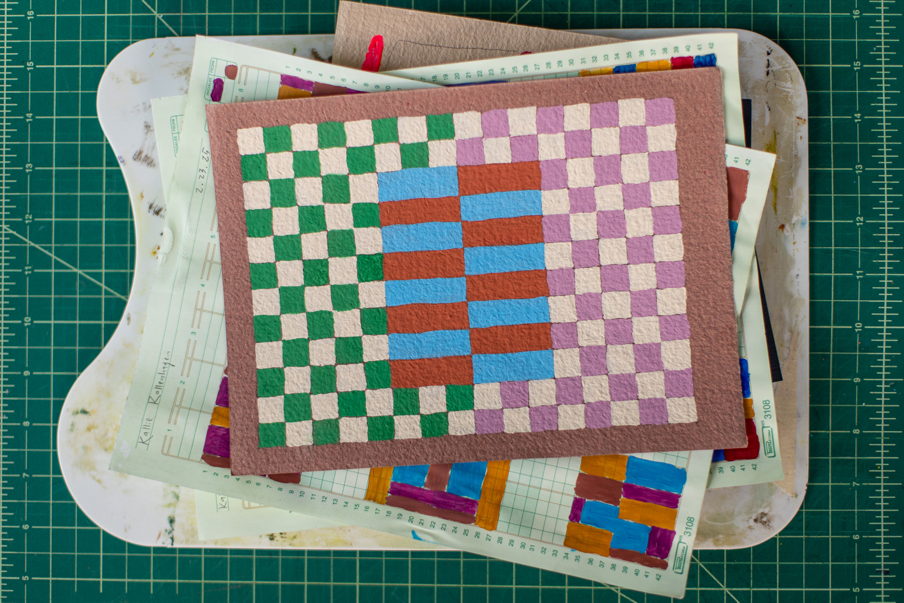 guache geometric paining on purple paper
