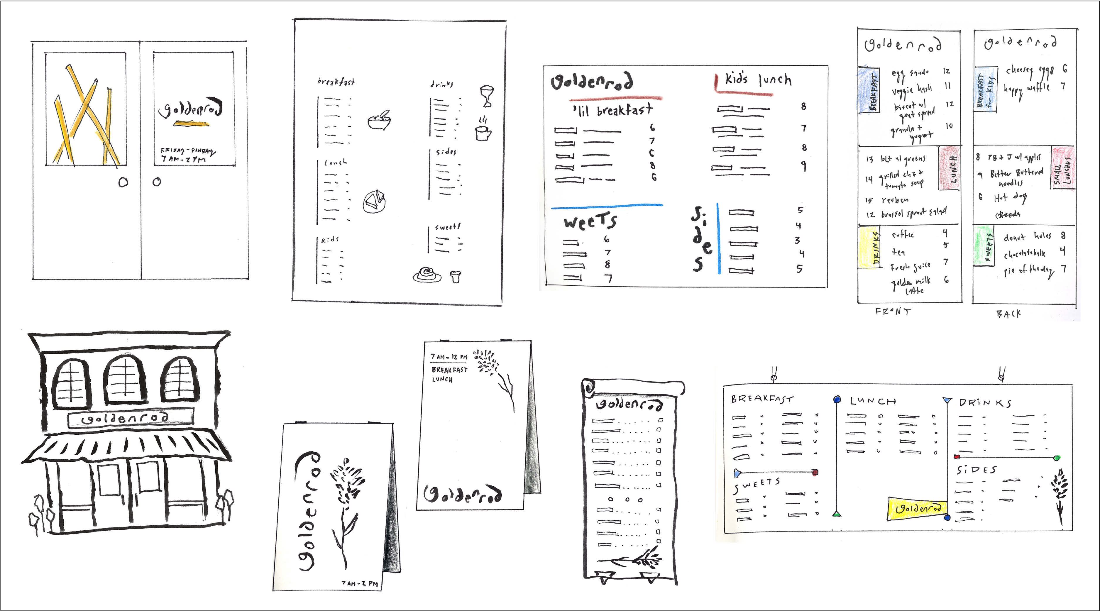 Asset sketches of Goldenrod signage and menus
