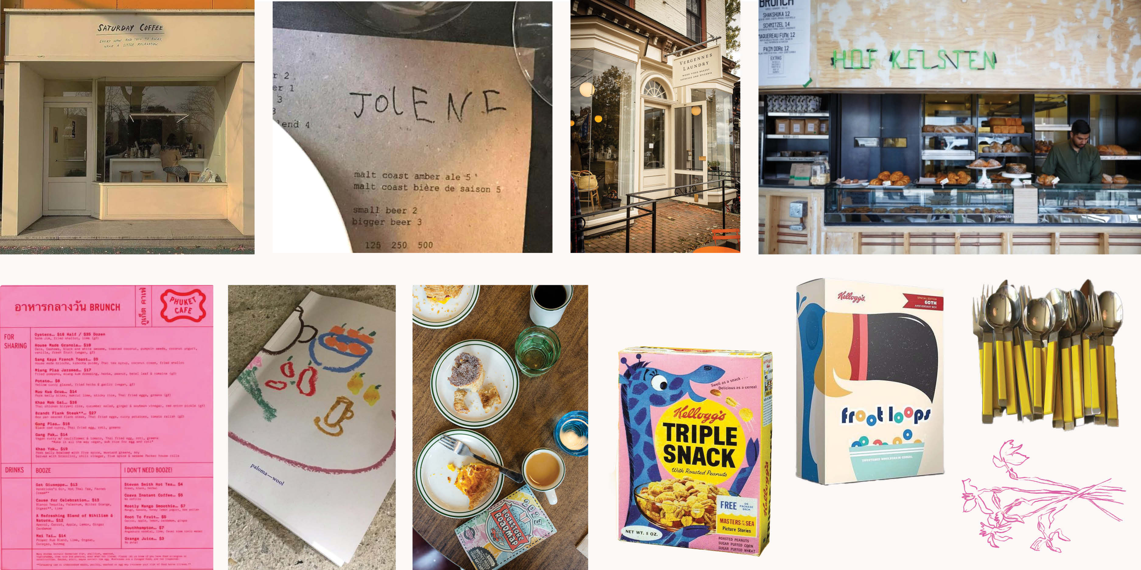 Moodboard for restaurant brand featuring loose, colorful assets