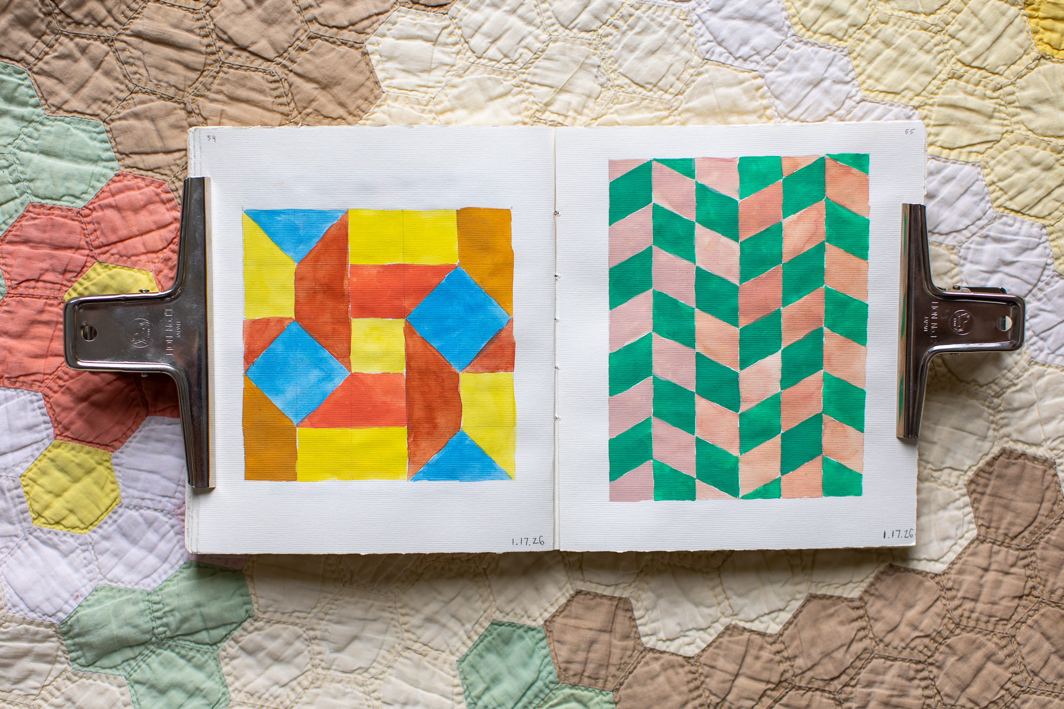 sketchbook geometric guache paintings
