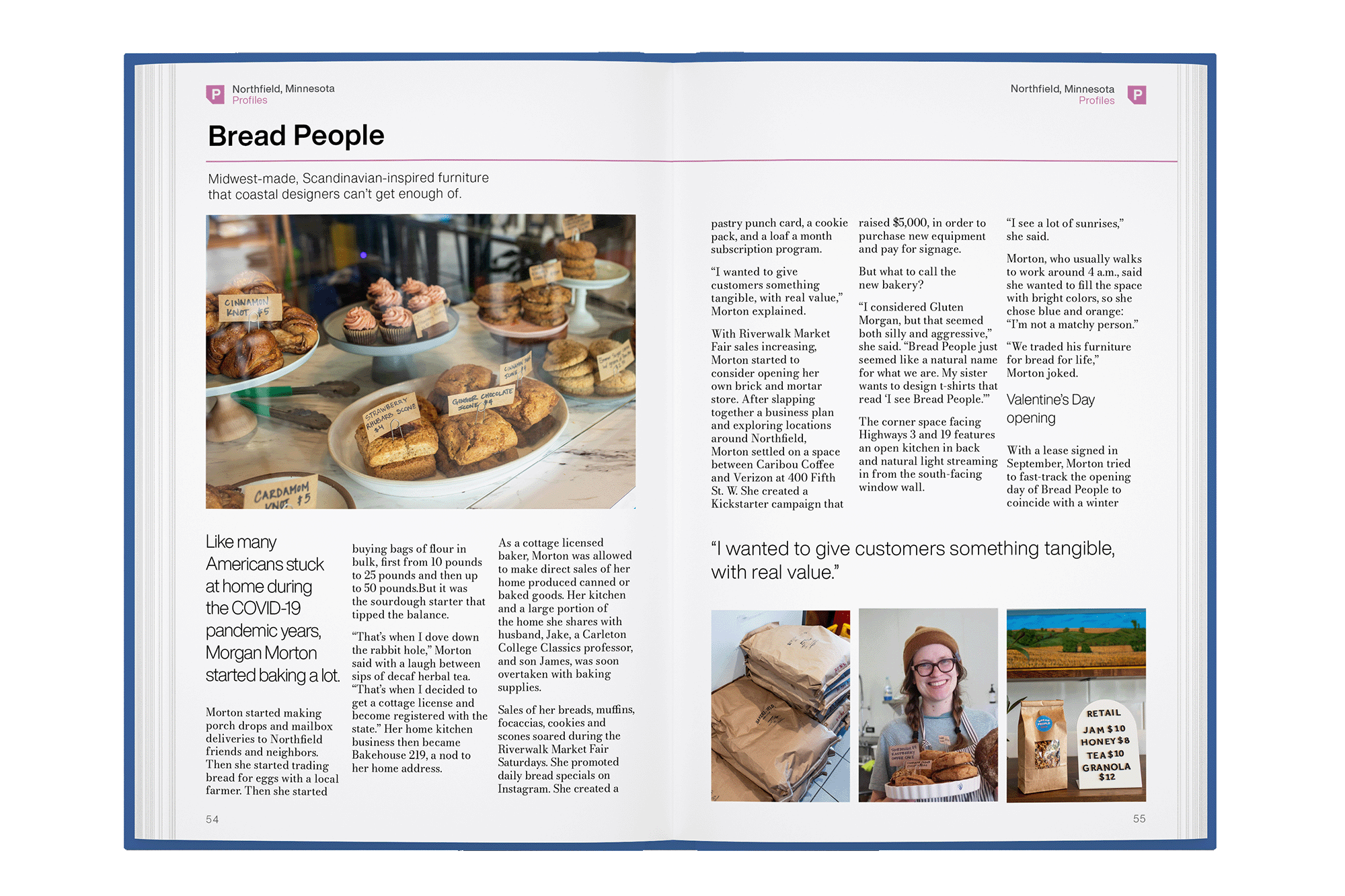text and image sample spread of rural travel guide for a small business profile