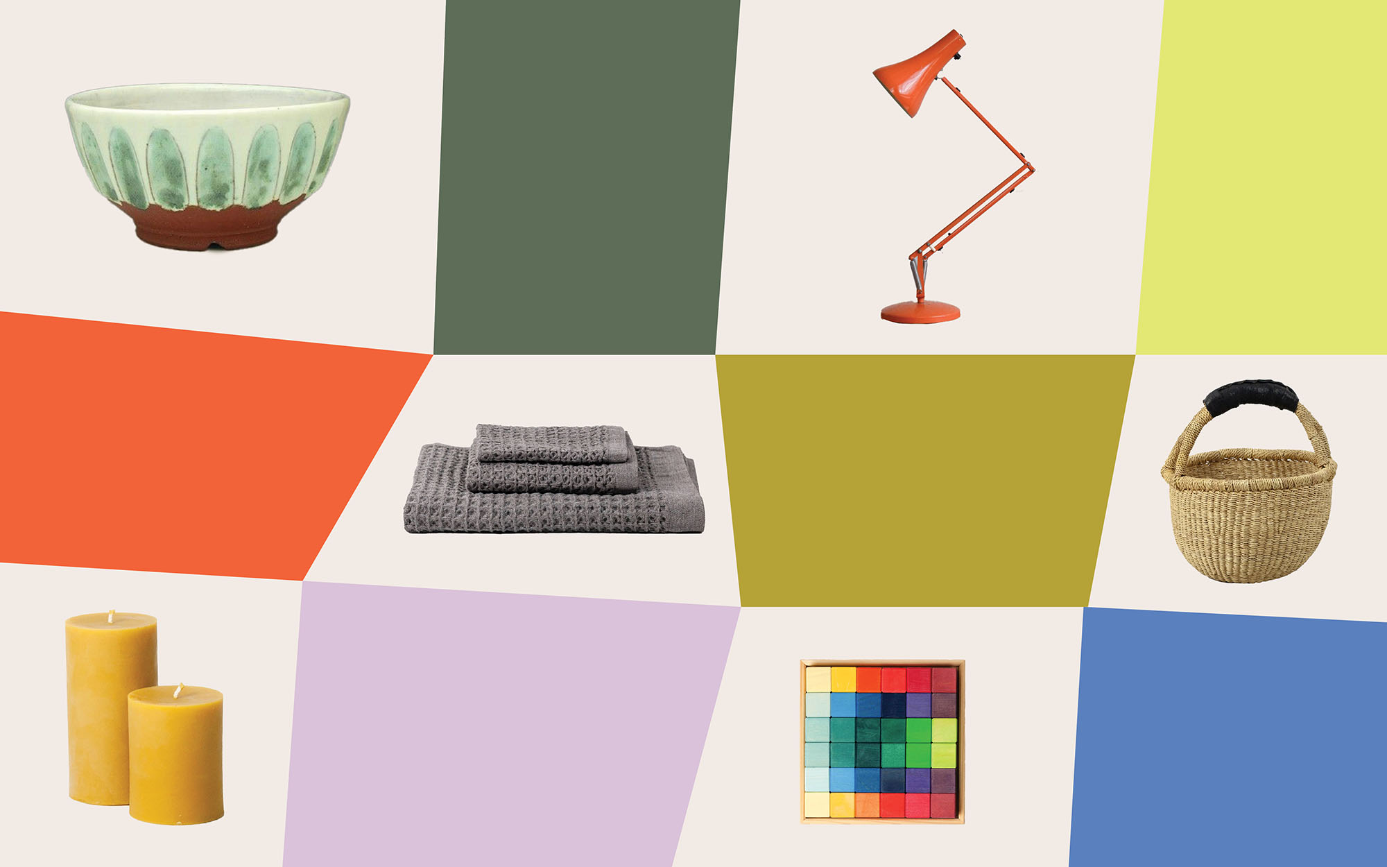 art spread with color shapes and objects