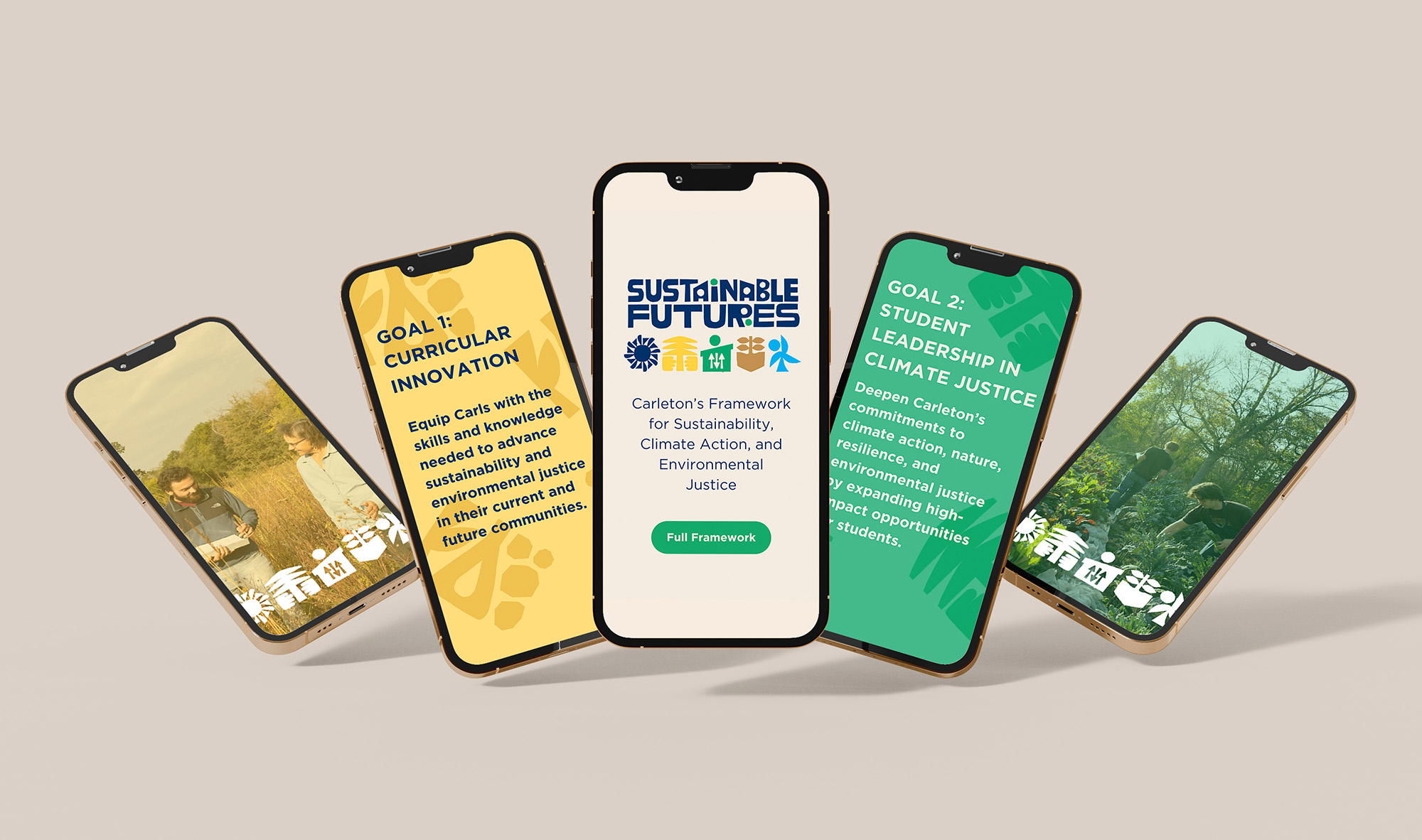 5 phones with social mockups of Sustainable Futures imagery