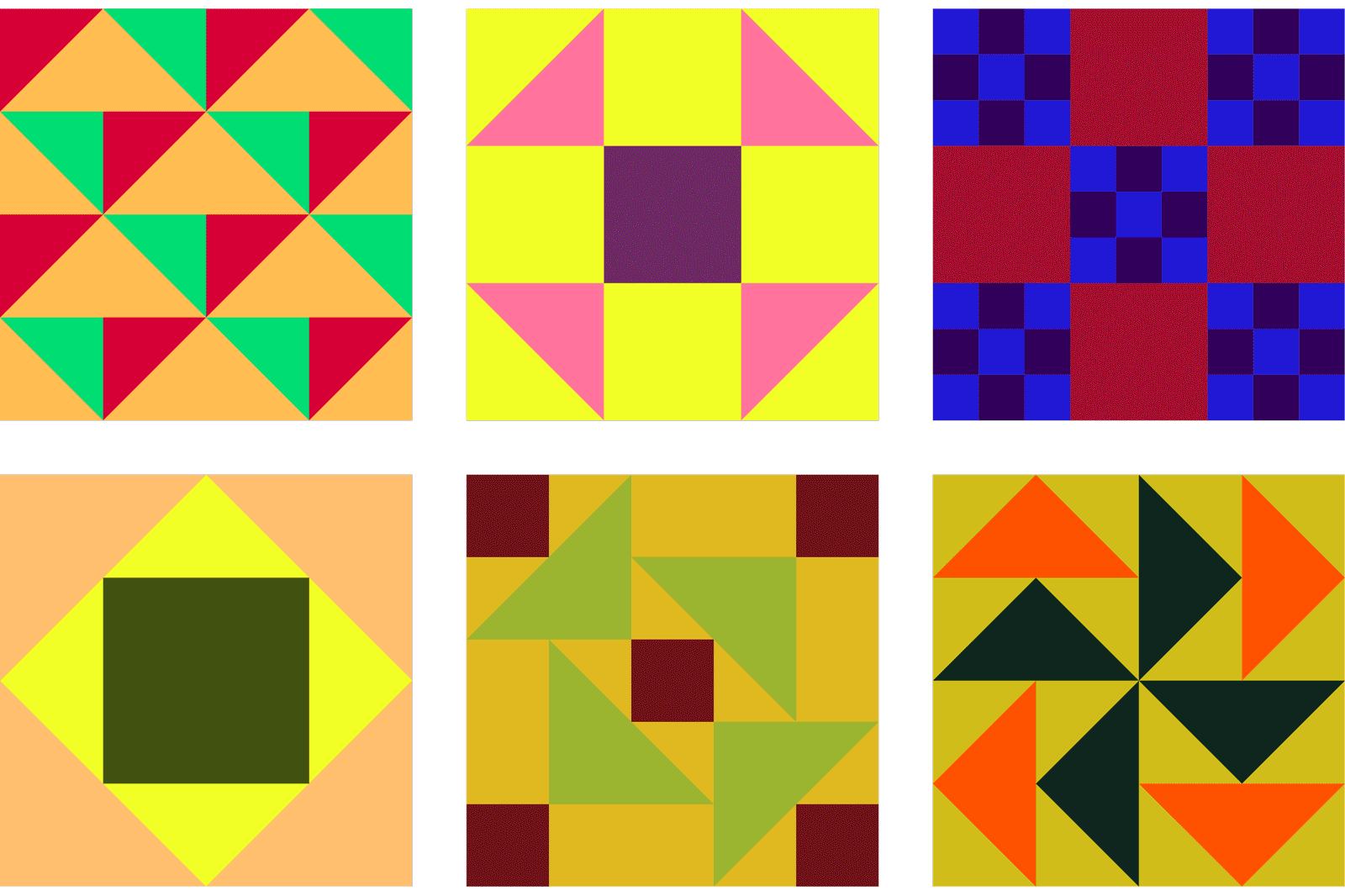 Scrolling images of different quilt blocks, all in different colors and patterns